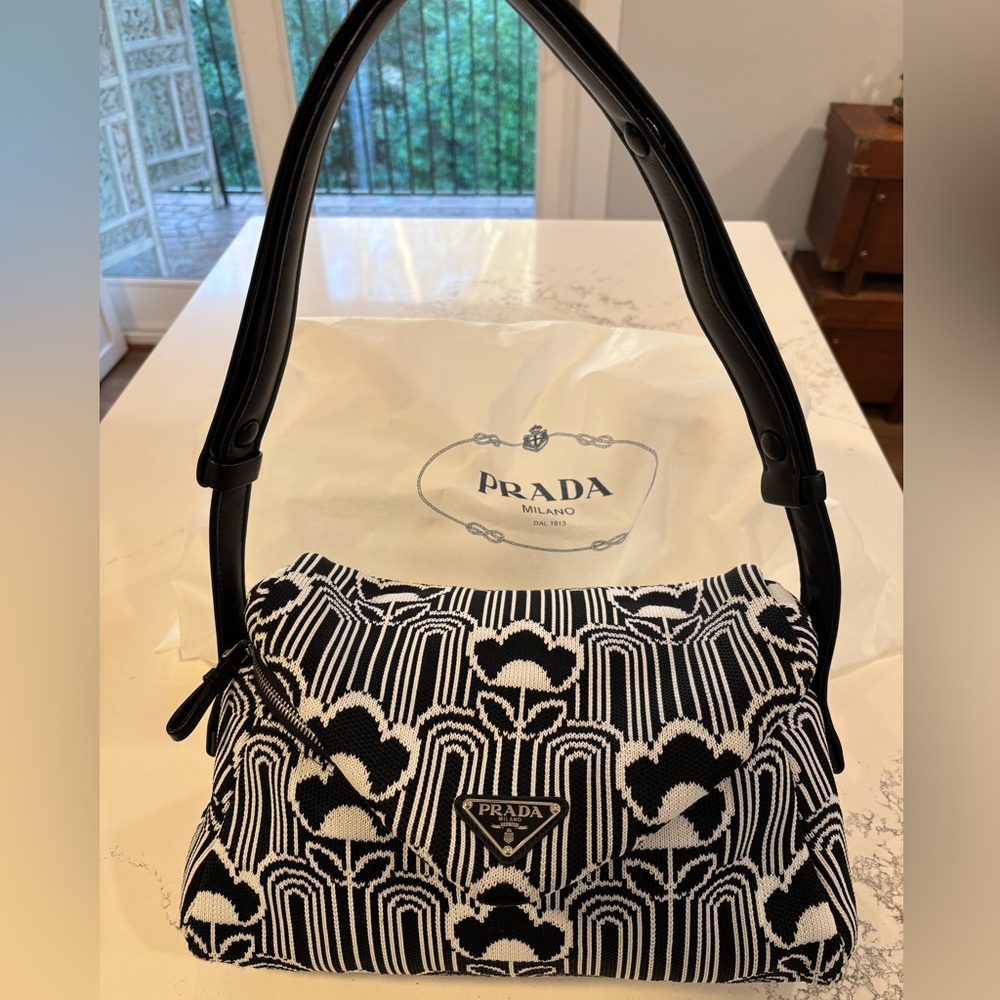Authentic Prada Maglia Jacquard Purse in Black White Floral